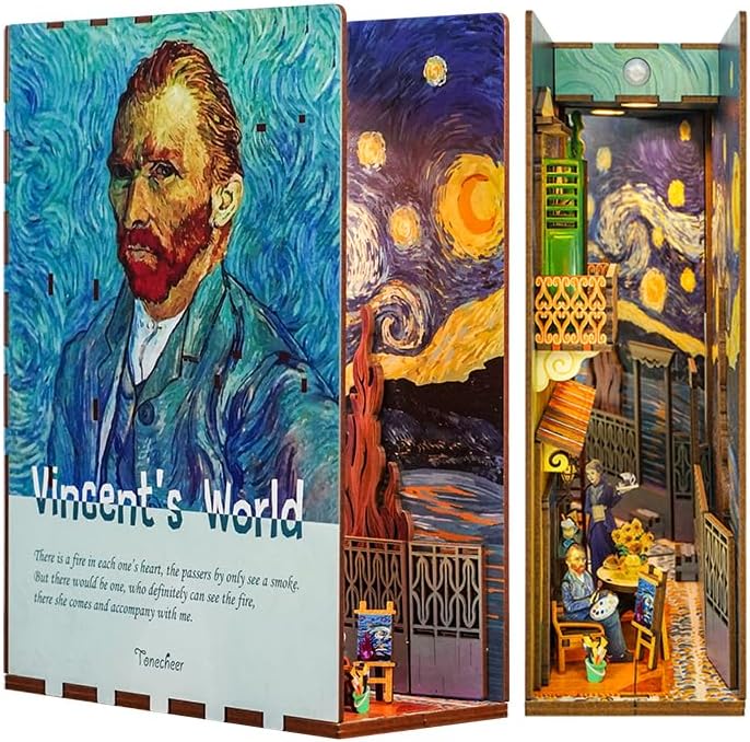 Tonecheer DIY Book Nook Kit for Adults,3D Wooden Puzzle Bookend Bookshelf Insert Library Decor, Booknook Miniature House Kit with Body Motion Sensor LED Light (Vincent's World) - Image 1